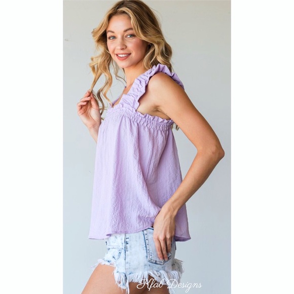 ❤️LAST ONE! Lavender Ruffled Elastic Shoulder Cotton Spring Top! - Picture 3 of 5